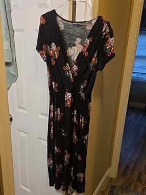 ModCloth Black Floral Wrap-Style Midi Dress with Rust & Cream Blooms
